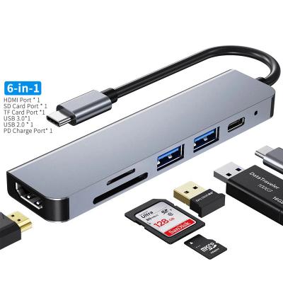 China Aluminum Alloy USB C Hub 6-in-1 USB C Adapter with USB C Charging 1 USB 3.0, SD/TF Card Reader For MacBook Pro 13/15 for sale