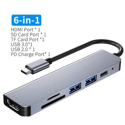 China Hot Selling Amazon Aluminum Alloy 6 in 1 USB C Hub 3.0 Laptop Docking Station Adapter USB Type C Hub with Type C for MacBool Pro for sale