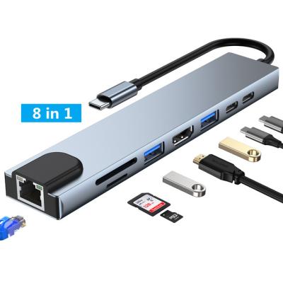 China Aluminum Alloy 8 in 1 USB 3.0 Hub for Laptop Adapter PC Computer PD Charging 8 Ports Dock Type-C Station Notebook Splitter RJ45 HD-MI TF/SD for sale