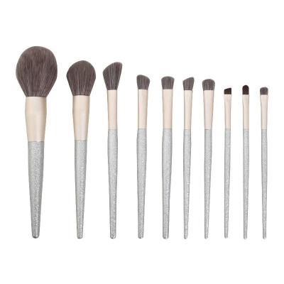 China Angular Blush Gray Bling Acrylic Handle Professional Frosted 10 Piece Makeup Brush Vegan Synthetic Powder Blush Brush Set For Makeup for sale