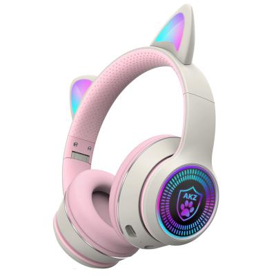 China Comfortable Cat Ear LED Wireless Headphones Supra-Aural Light Up Foldable Headsets Over Ear Microphone For Far Study Lady Online Pink for sale