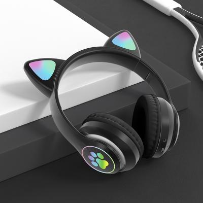 China Lady Pink Wireless Headphones Cat Ear Earphone LED Light Up Foldable BT Headset Over Ear Microphone For Distant Study Online for sale