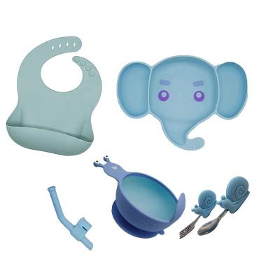 China Contemporary Cute Elephant Shape 6 In 1 Silicone Feeding Set Kid's Baby Tableware BPA Free for sale