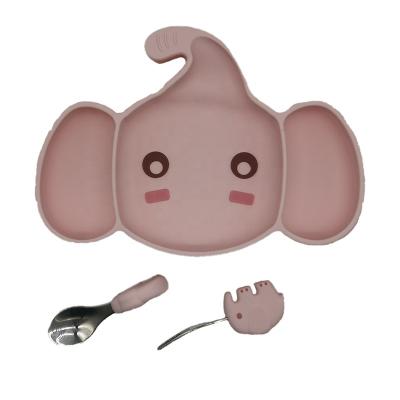 China New Design BPA Free Pink Cute Elephant Shape BPA Free Silicone Suction Dish Spoon Fork Baby Feeding Set For Toddler for sale