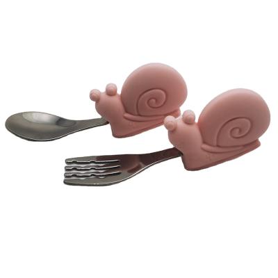 China BPA Free Food Grade Silicone Non-Toxic Easy To Disassemble And Feeder Clean Baby Snail Best Selling Silicone Stainless Steel Spoon And Fork Set for sale