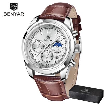 China New BENYAR 5193 Brand Men's Brown Genuine Leather Wristwatch 2022 Chronograph Clock Military Top Luxury Waterproof Sport Watch for sale