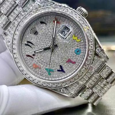 China Luxury Premium VVS Iced Out White Moissanite Hand Set Diamond Bezel Custom Watch For Men And Women for sale