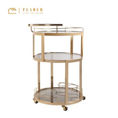 China Modern Luxury Hotel Trolley Tempered Glass Shelf Steel Frame Round Bar Cart Trolley For Hotel Dining Room Restaurant for sale