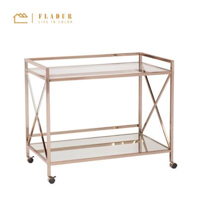 China Hotel Trolley Tempered Glass Shelves Metal Frame Trolley Rectangular Stylish Bar Cart For Hotel Dining Room Restaurant for sale