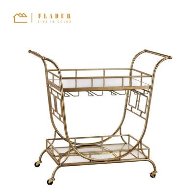 China Hotel Trolley Modern Irregular Mirror Shelves Metal Frame Cart Glass Bar Cart For Hotel Dining Room Restaurant for sale