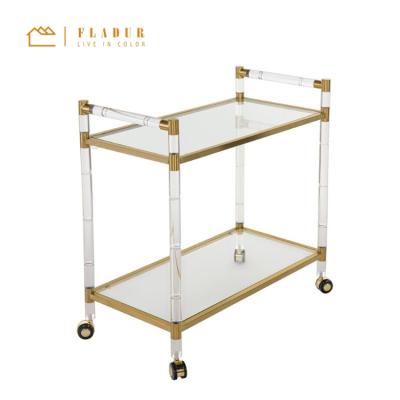 China Stainless Steel Contemporary Acrylic Frame Hotel Trolley Design Shelving Cart Glass Bar Cart For Hotel Dining Room Restaurant for sale