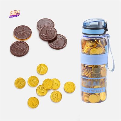 China Water Bottle Packaging Coin Shape Chocolate Products Family Children's Party Gold Chocolate Coins 700G*12JARS for sale