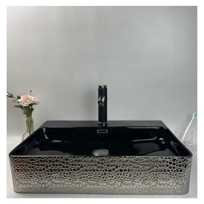 China Bathroom Modern Crocodile Leather Large Rectangular Silver Plated Art Countertop Sink Washing Basin for sale