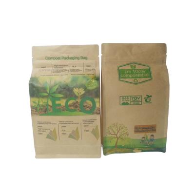 China Moisture Proof And 100% Compostable Eco-friendly Flat Bottom Coffee Bag Compostable Bag With Valve And Zipper for sale