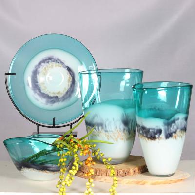 China Teal Minimalist High End Pastoral Style Hand-Blown Vases For Office Decoration for sale