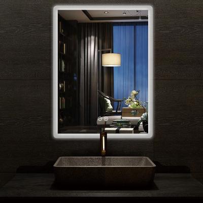 China 2020 Modern Style Lighted Time Display Mirror Rectangular Bathroom Customized Backlit Anti-fog Device Smart Led Mirror for sale