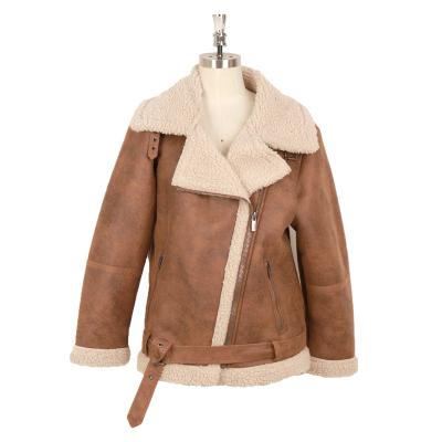 China Waterproof New Style Winter Brown fur Jacket Fur Collar women Safari Jacket Vintage Thick Shearling Leather Jacket For women for sale