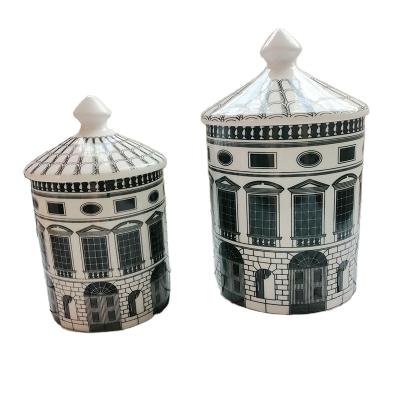 China OEM European Home Architectural Art Ceramic Brush Bucket Desktop Storage Jar With Lid Empty Candle Jars For Candle Making for sale