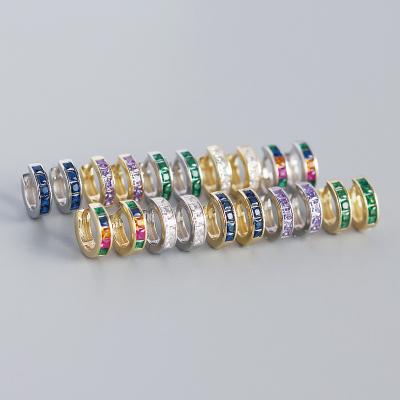 China 925 White Gold Sterling Silver Designer Huggie Rainbow Cubic Zirconia Circle CZ Trendy Plated Colorful Stud Earrings For Women for sale