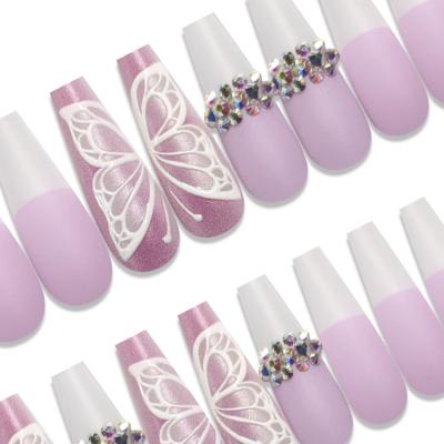 China Hot Selling Vintage 30pcs Long Coffin Fake Nail Tips Easy Wear False Nails Ballerina For Girls Crystal Artificial Nails for sale