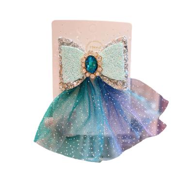 China New Princess Snow Princess Crown Hairpin Bow Crystal Blue Crystal Gauze Girl Headdress Manufacturers Wholesale Ribbon Hairpin for sale