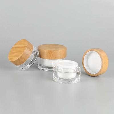 China 15G/30G/50G/100G/150G/200G double transparent acrylic/glass cream bottle with bamboo lid, bamboo lid f cream jar, for sale