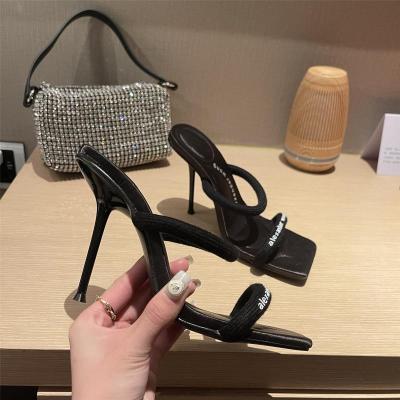 China Deodorization TX spring black belt slippers early mid-heel square head women's high-heeled sandals female shoe for sale