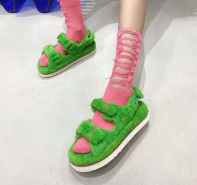 China CUSHIONING TX New Arrival Winter Green EVA Ankle Buckle Ladies Fur Flat Sandals Women Casual Warm Plush Shoes for sale