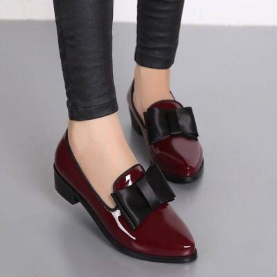 China Other Hot Selling TX 2021 Pu Bow Accessories Wine Red Mouth Low Heel Girl Shoes Single Foot Wear Shallow Heel Slip On For Women for sale