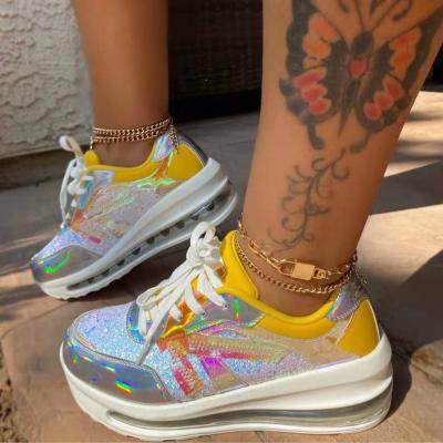 China 2021 OEM Chunky Sneaker Lace Up Patchwork Sequins Spring Air Spring News Spring Cushion Platform Women Thick Soled Shoes CUSHIONING for sale