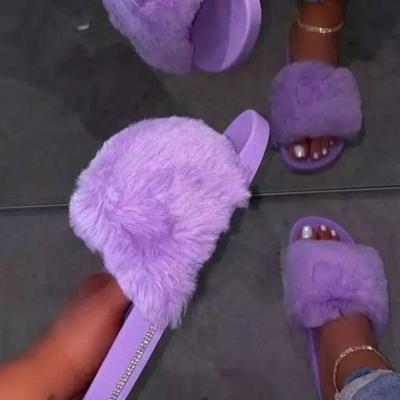 China CUSHIONING TX Diamond Faux Fur Diamond Fur Slippers Womens Sandals Slides Soft Wholesale Plush Bedroom Slippers for sale