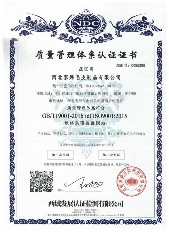 ISO9001 - Hebei Taiye Fur Products Co., Ltd.