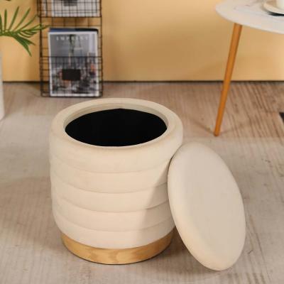 China Nordic Home Storage Furniture Storage Ottoman Stools Velvet Upholstered Round Seat Living Room Stool With Environmental Wood Base for sale