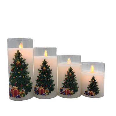 China For Xmas Holiday Christmas Tree LED Lights Remote Decoration LED Candle In Real Flame Glass Pillar Dancing 3D Cup Printed Flameless Candle for sale