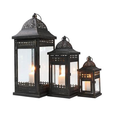 China Home Decor Outdoor Decorative Hanging Lantern Metal Candle Holder Set of 3 Decorative Vintage Style Candle Lanterns for Indoor Outdoor for sale