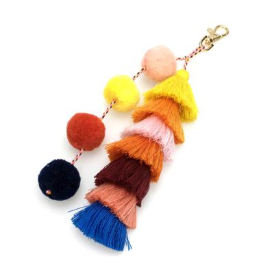 China Hot Selling Handmade Vintage Boho Pendants Tassel Key Chain Cotton Yarn Pompom Fringe Bag Decoration Key Chain Women Handbag Jewelry for sale