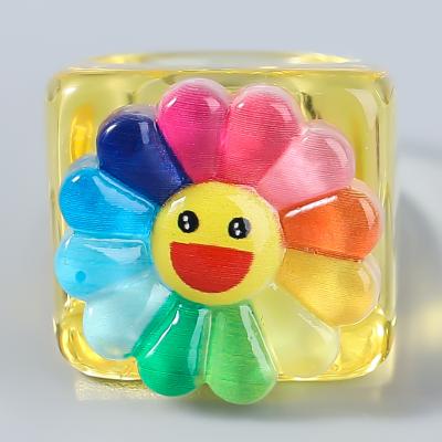 China FASHIONABLE Hot Selling Sunflower Candy Resin Rings Ins Style Cute Colorful Rainbow Smiling Rings For Girls Couples Party Jewelry for sale