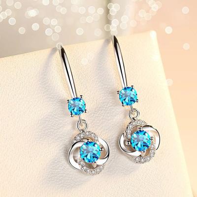 China TRENDY Romantic Lucky Clover Charming Pendant Drop Earrings Lace Crystal Zircon Light Blue Ear Hook Hanging Dangle Earrings For Women for sale