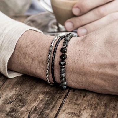 China FASHIONABLE Mens Charming Bracelet 3 Pieces / Lot Set DIY Handmade Mix Natural Stone Classic Beads Genuine Leather And Stainless Steel Chain for sale