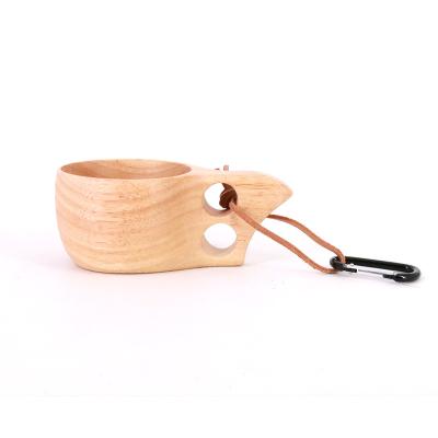 China Outdoor Viable Light Weight Solid Rubber Wood Mug with Carabiner and Lanyard Handmade Wooden Camp Leather Mug for sale