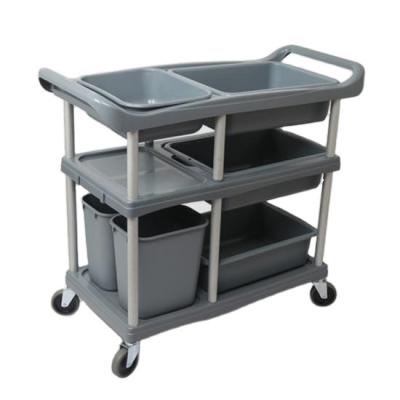 China Wholesale Plastic Multifunctional Hotel Buffet Food Equipment 3 Shelves Cleaning Trolley Dish Collecting Trolley With Bucket for sale