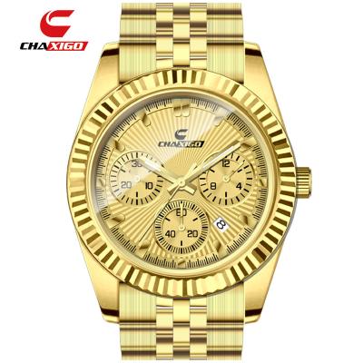 China New full calendar chaxigo men's fashion business sports watch stainless steel luxury quartz iced waterproof watch for sale