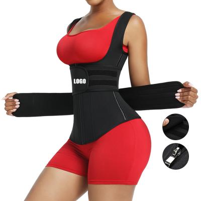 China Antibacterial Custom Jogging Logo Women Workout Lose Weight Wear Tops Compression Double Belt Tummy Control Neoprene Waist Trainer Vest for sale