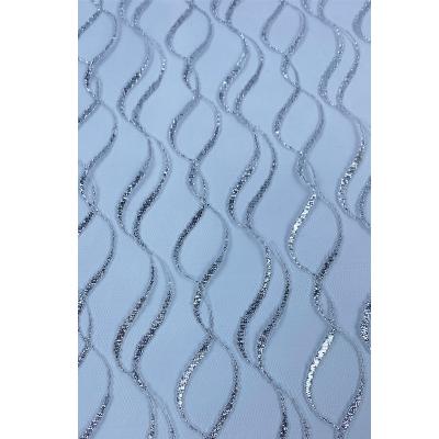 China Pure Running Silver Yarn Wave Pattern Embroidery Lace Fabric Mesh Fabric For Clothes for sale