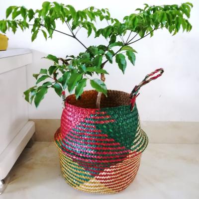 China American Style Natural Round Plant Plankton Belly Basket With Handles Rattan Plant Flower Bamboo Plant Woven Pot Holder for sale