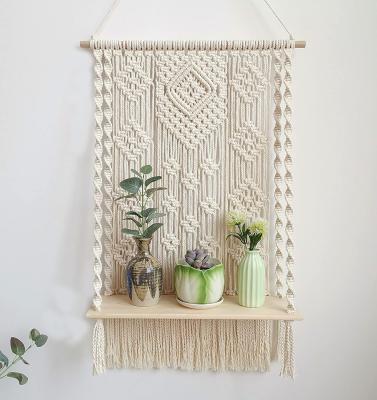 China Art Decor Woven Rope Plant Indoor Outdoor Hanger Household Items Macrame Wall Hanging Shelf Macrame Boho Wall Hanger for sale