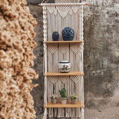 China Minimalist 3 Tier Boho Macrame Floating Shelf Hanging Rope Macrame Wall Hanging Bohemian Handmade Decor for sale