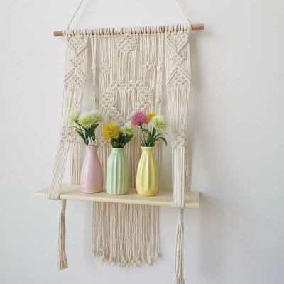 China Household Goods Wholesale Macrame Wall Hanging Shelf Boho Rope Plant Hanger Indoor Indoor Outdoor Pot Rack For Home Wall Decor Beige for sale