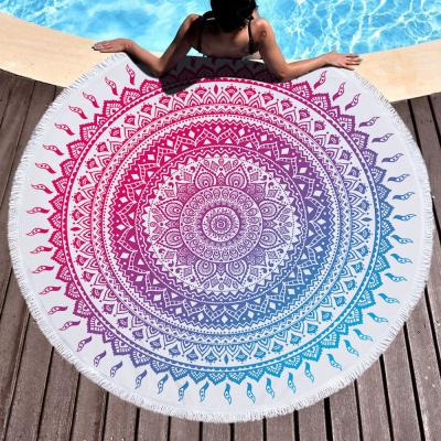 China Large 150cm simple custom watercolor mandala hot sale printed boho round wrap microfiber pareo summer beach towel with tassels for sale