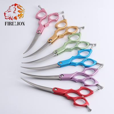 China Multicolor Dogs Japanese 440c Aluminum Alloy Handle Pet Curved Shears Dog Grooming Scissors for sale